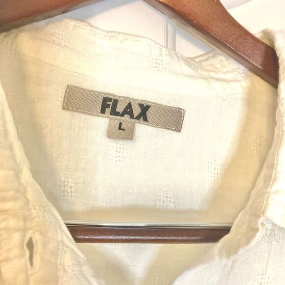 Flax 100% Linen Textured White Long Sleeve Ivory Classic One Pocket Button Down - Picture 5 of 8